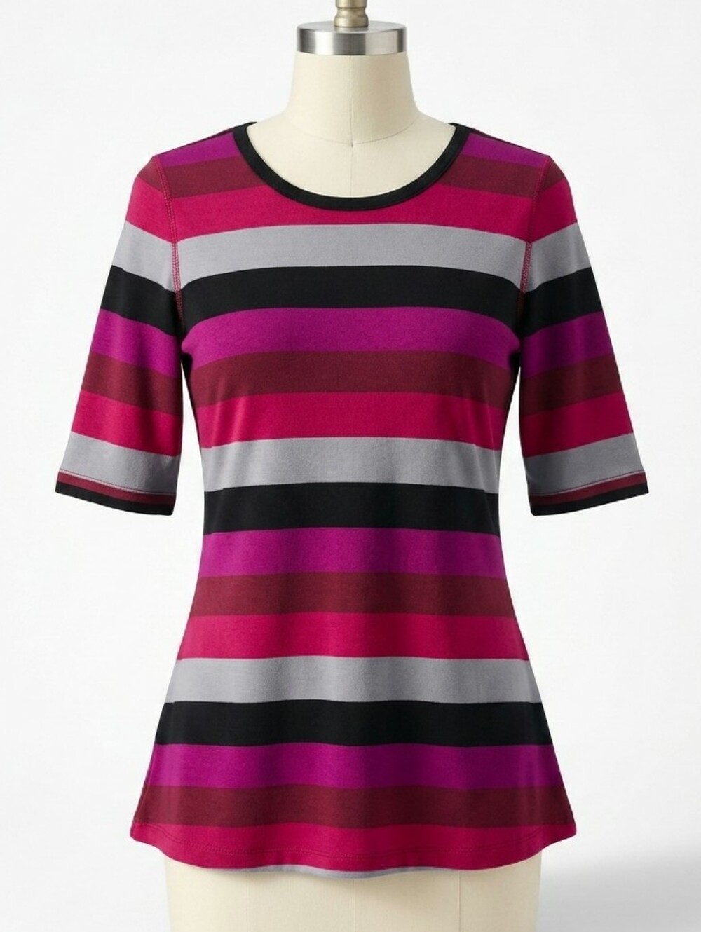 LANDS END Striped Sport Knit Top Half Sleeve Red Purple Gray Black XS